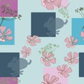 Floral seamless background, abstract plants and jumping hares